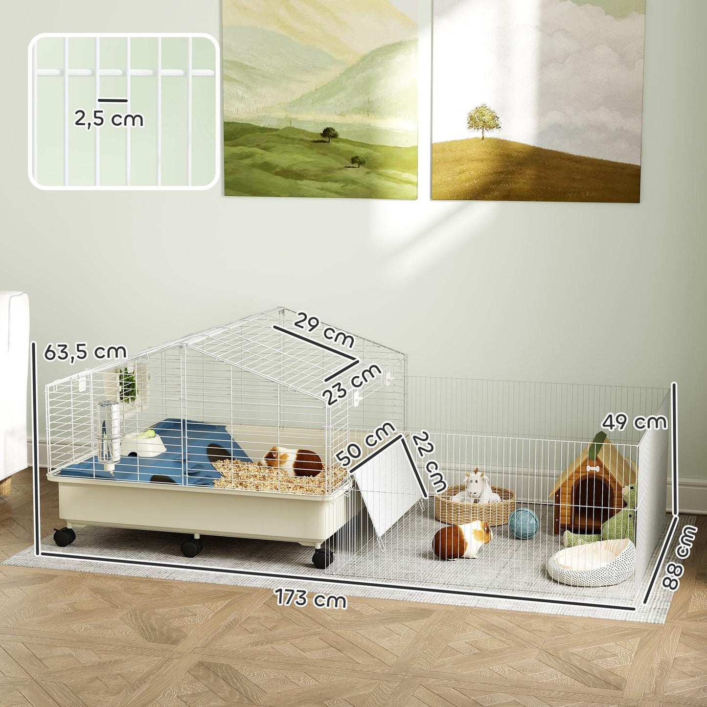 Small animal cage with playpen, wheels and accessories