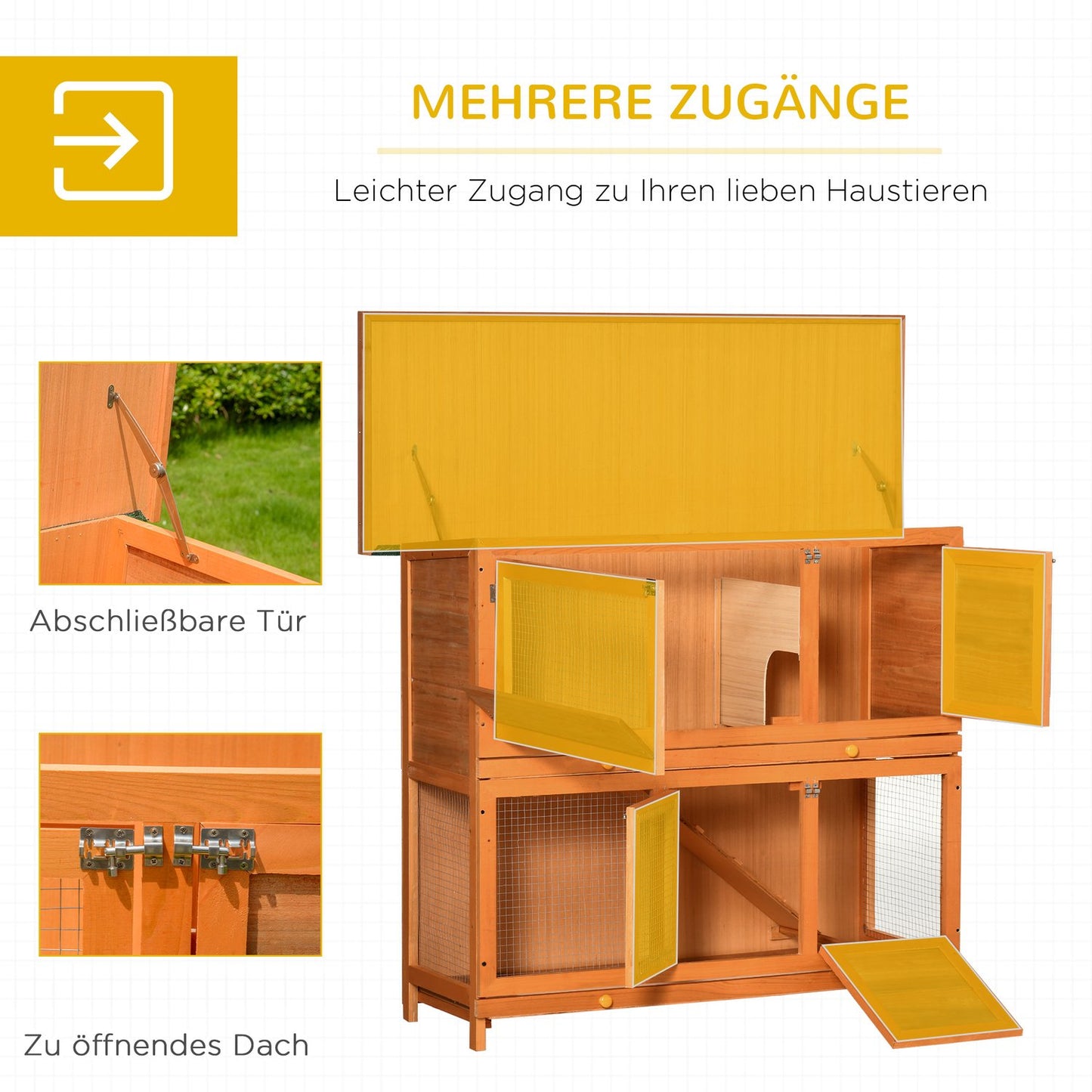 Guinea pig hut with roof, double deck fir, yellow
