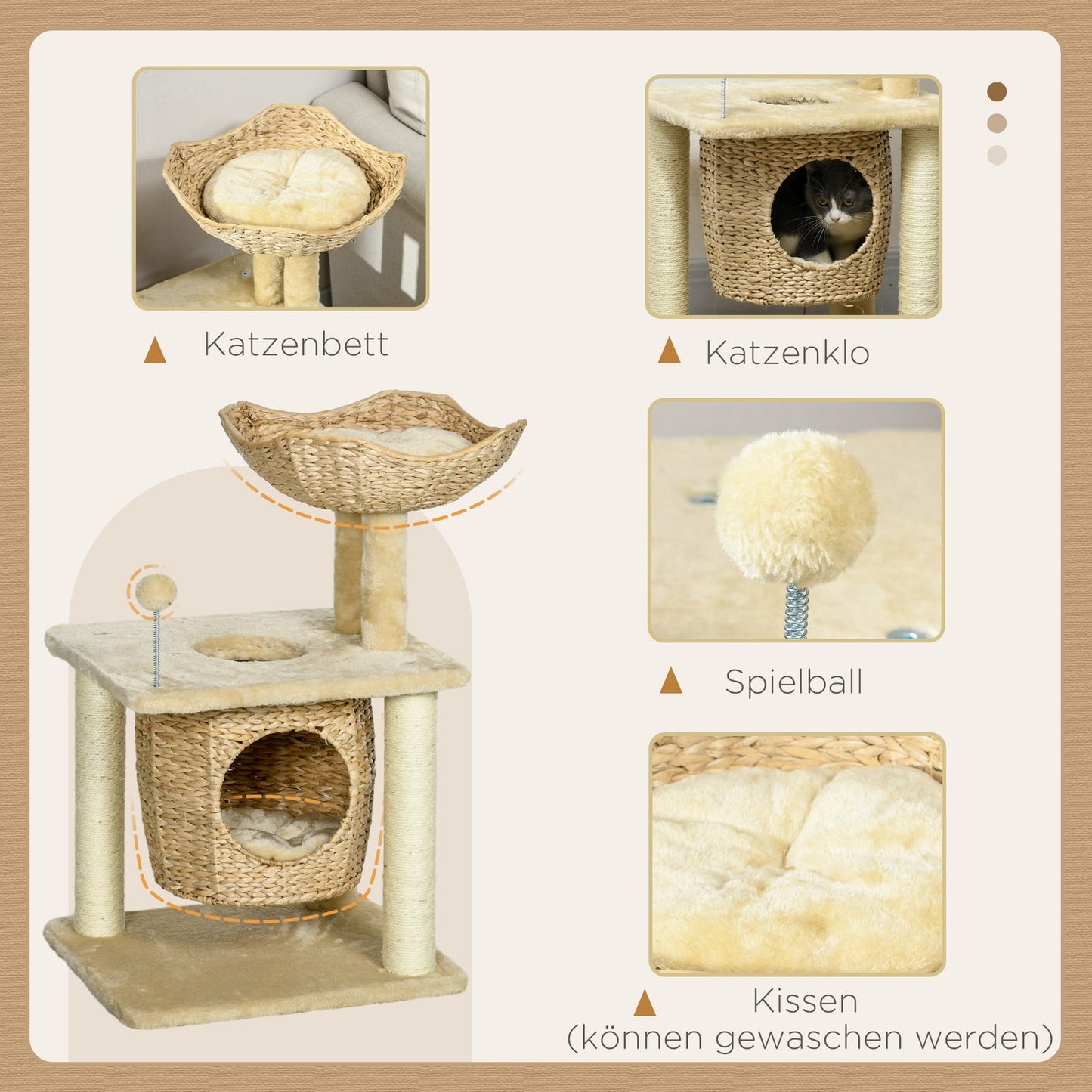 Cat scratching post with cave and bed, 74 cm, Beige