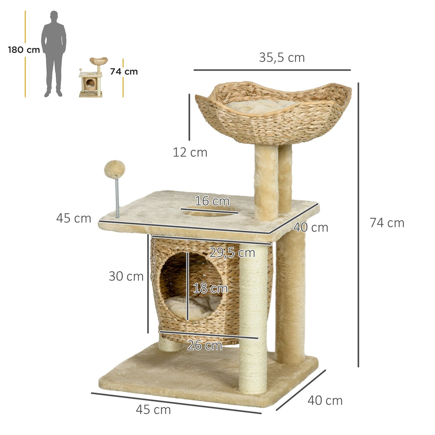 Cat scratching post with cave and bed, 74 cm, Beige