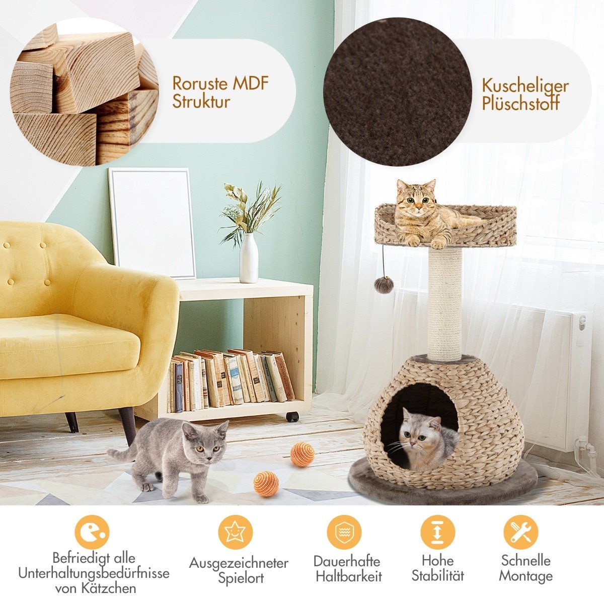 Small cat tree with cave & natural sisal & handmade basket φ 48 x 70.5 cm