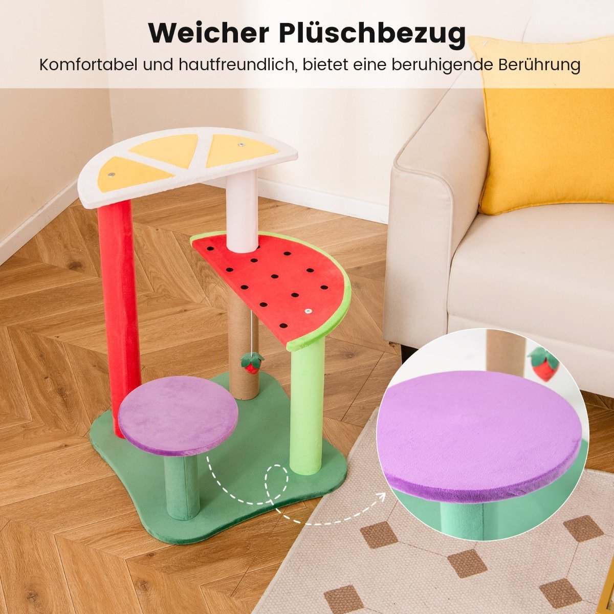 Small cat tree with platforms & strawberry ball & scratching post. Cute fruit theme cat tree