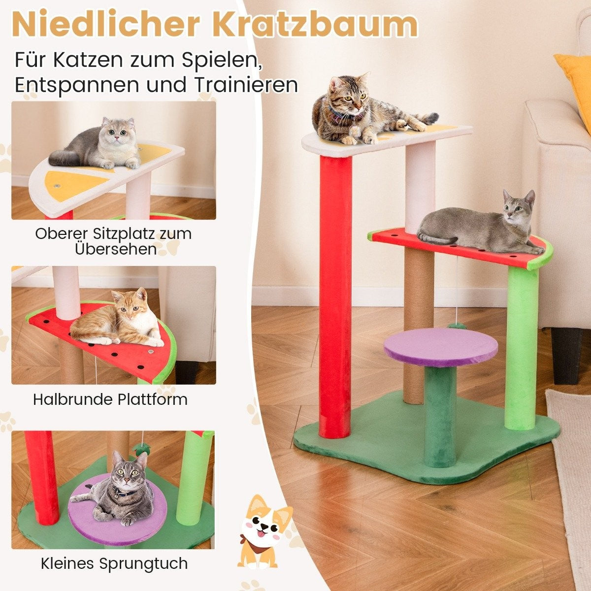 Small cat tree with platforms & strawberry ball & scratching post. Cute fruit theme cat tree