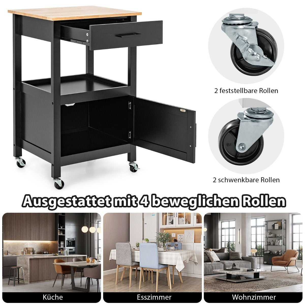 Small kitchen trolley on wheels with cupboard & drawer & 3 hooks serving trolley black