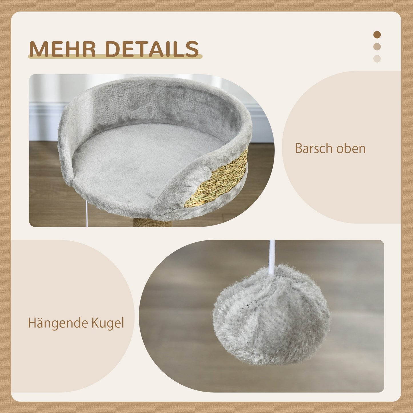 Cat scratching post with play ball and bed, gray