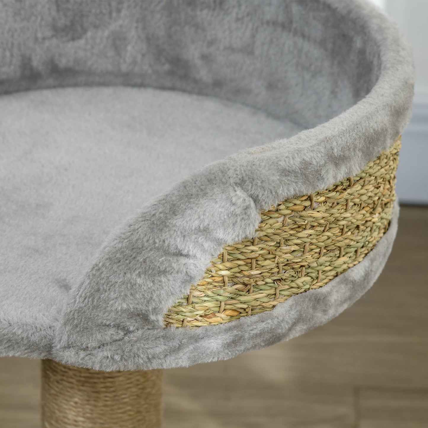 Cat scratching post with play ball and bed, gray