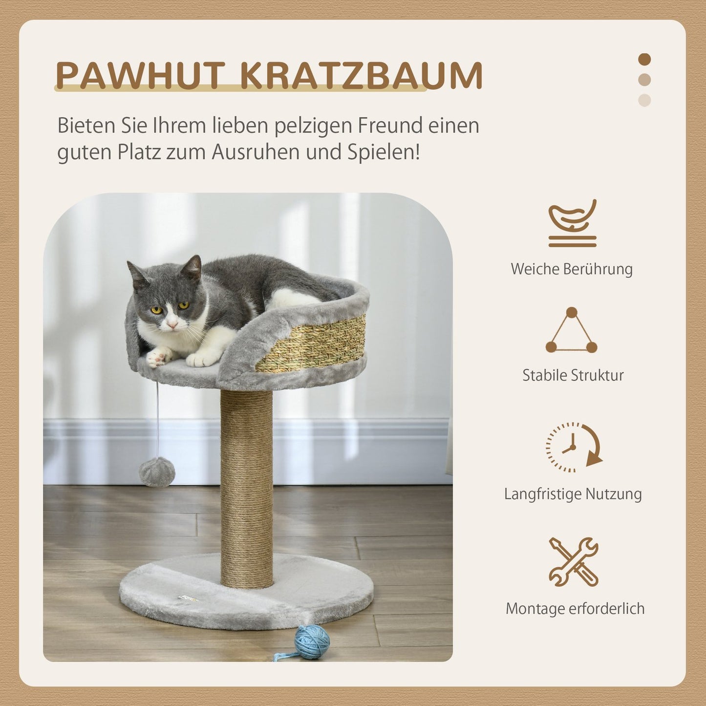 Cat scratching post with play ball and bed, gray