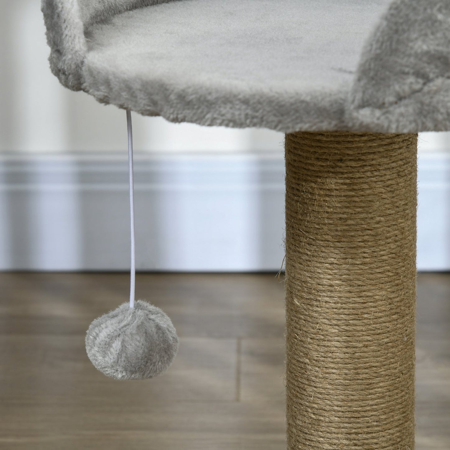 Cat scratching post with play ball and bed, gray
