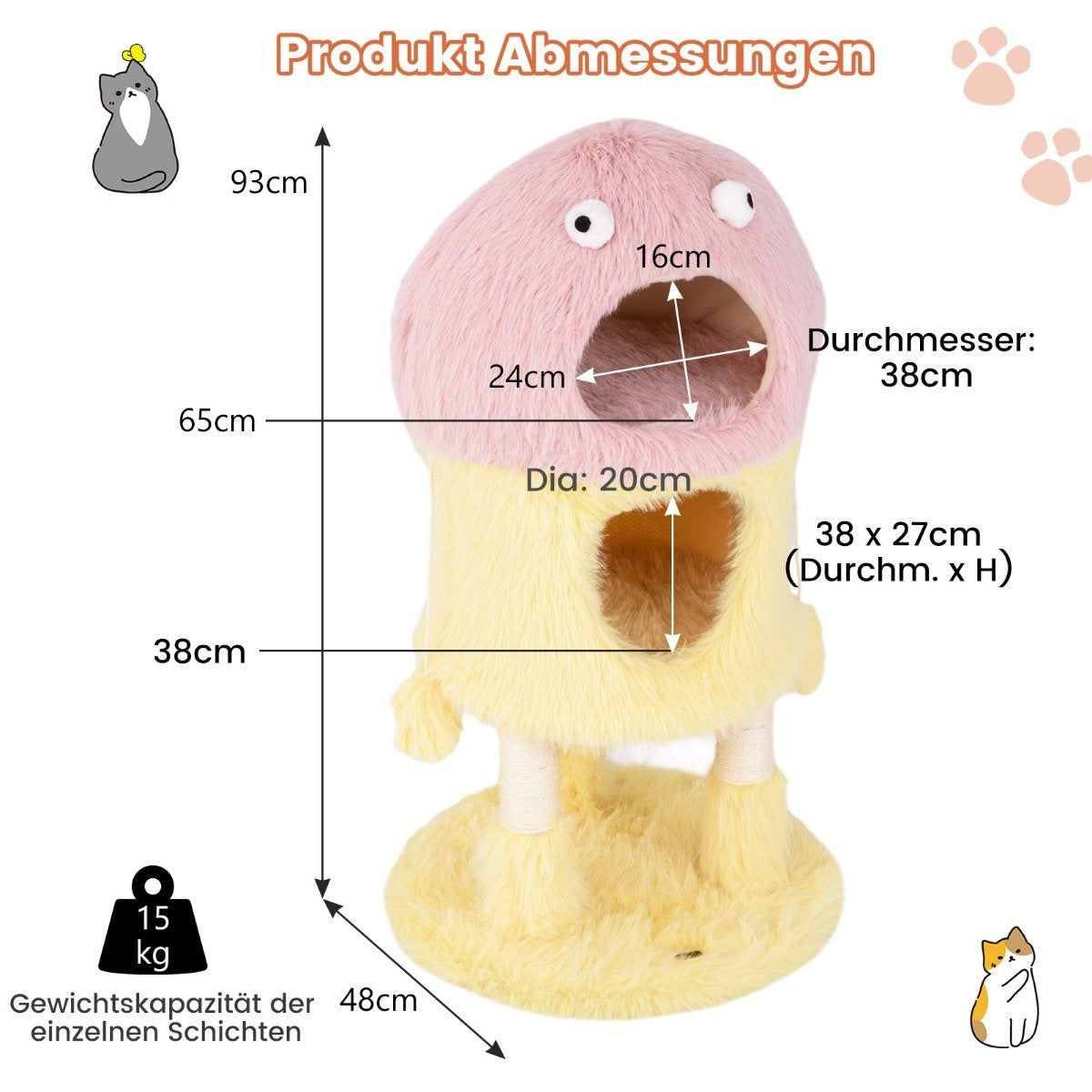 Small scratching post 93cm high monster theme cat tree with 2 cat caves pink + yellow