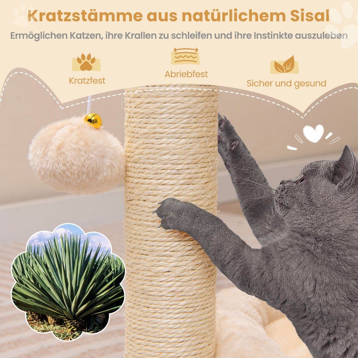 Small scratching post cat tree with hammock & bed & sisal posts & cat brush beige 40 x 30 x 72 cm