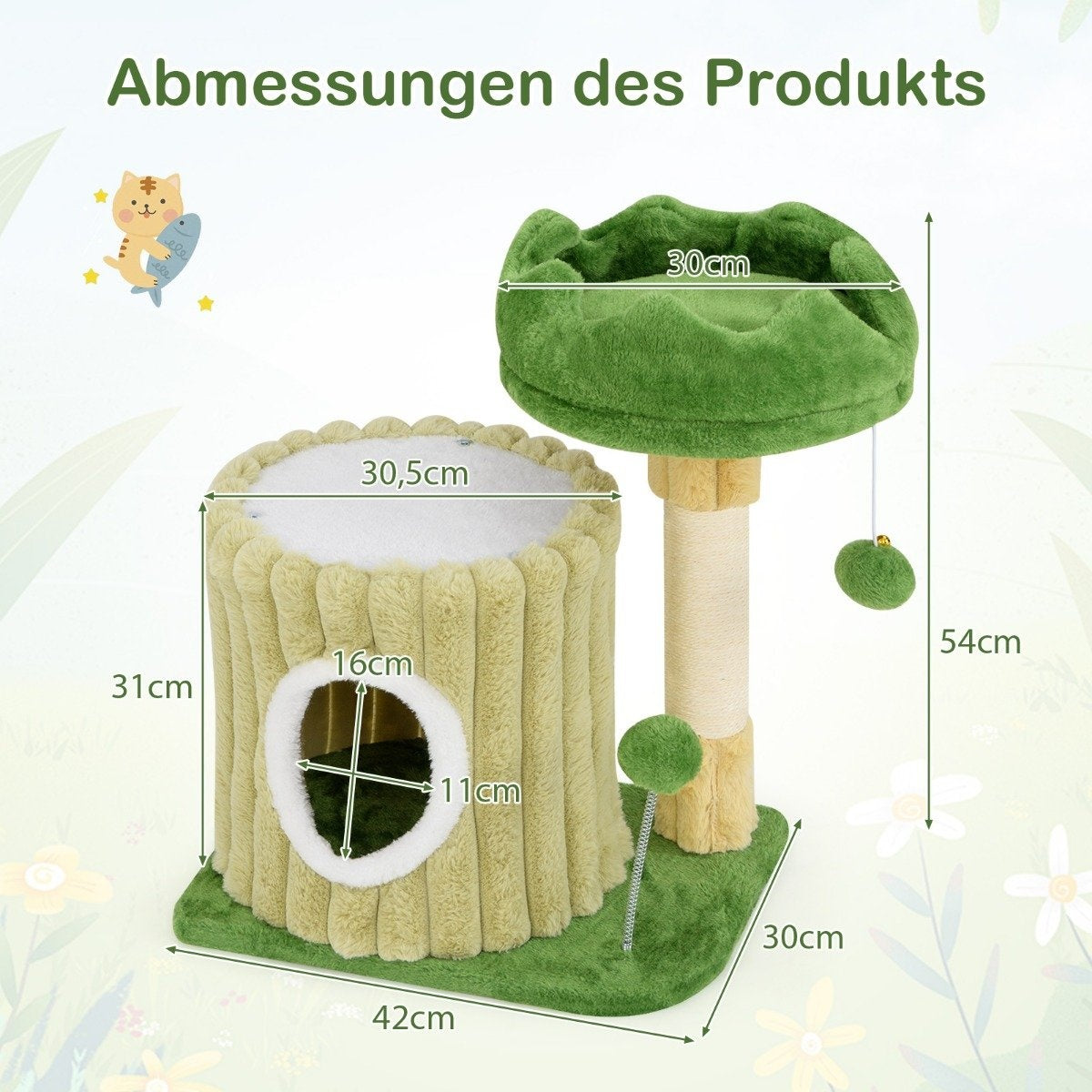 Small scratching post cat tree with platform sisal scratching post cat cave & 2 balls green
