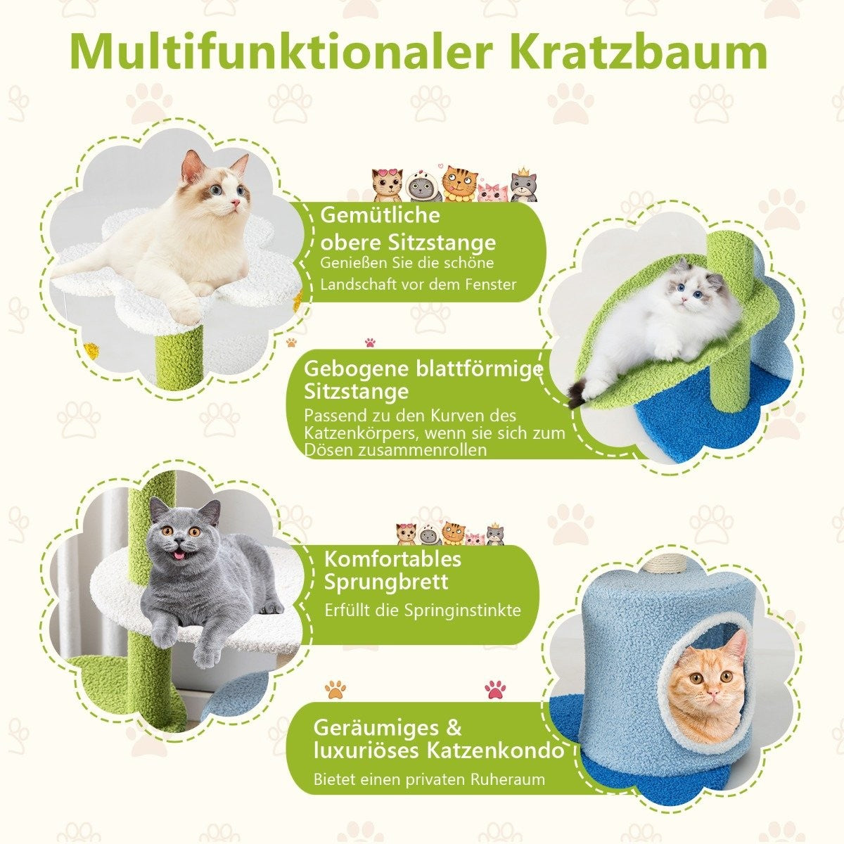 Small scratching post with flower-shaped seat & 2 balls & leaf-shaped climbing tower green + blue