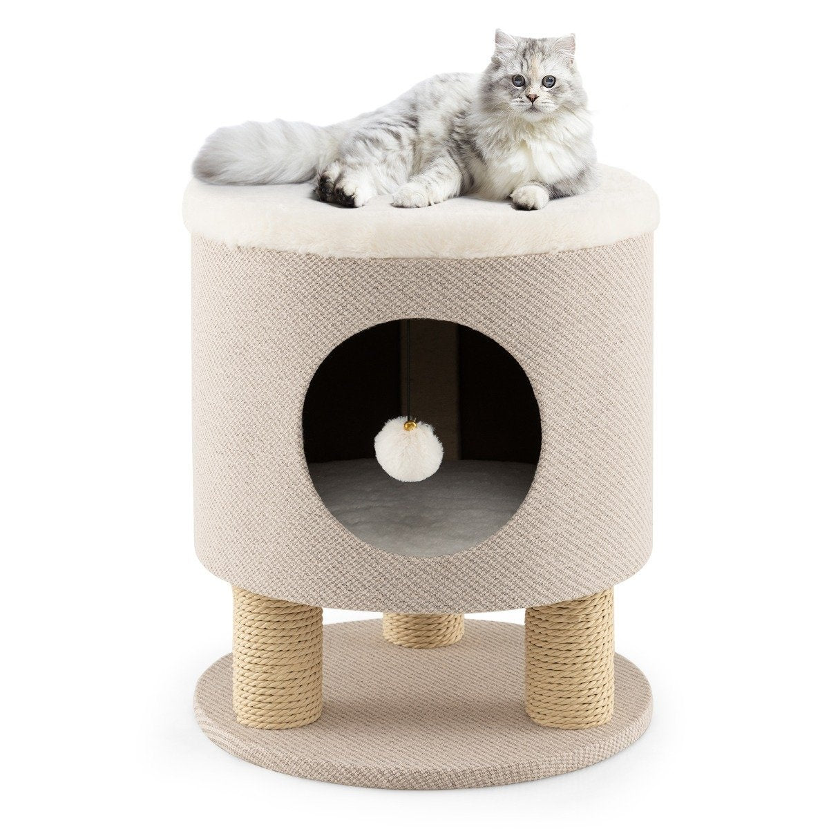 Small scratching post with soft seat & 3 sisal scratching posts & ball stool 40 x 40 x 47 cm beige