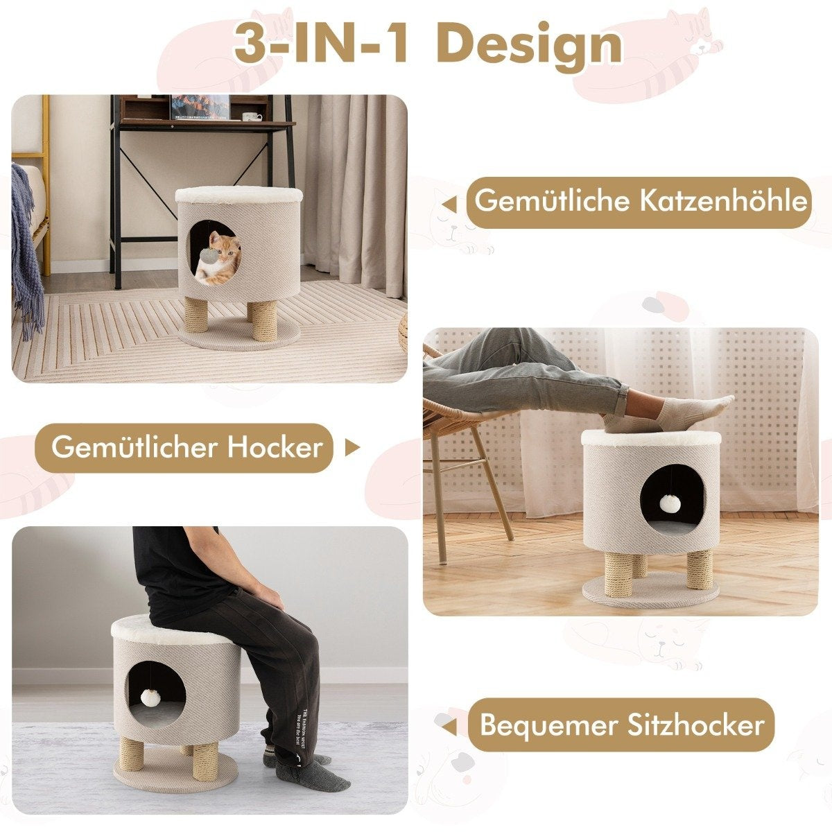 Small scratching post with soft seat & 3 sisal scratching posts & ball stool 40 x 40 x 47 cm beige