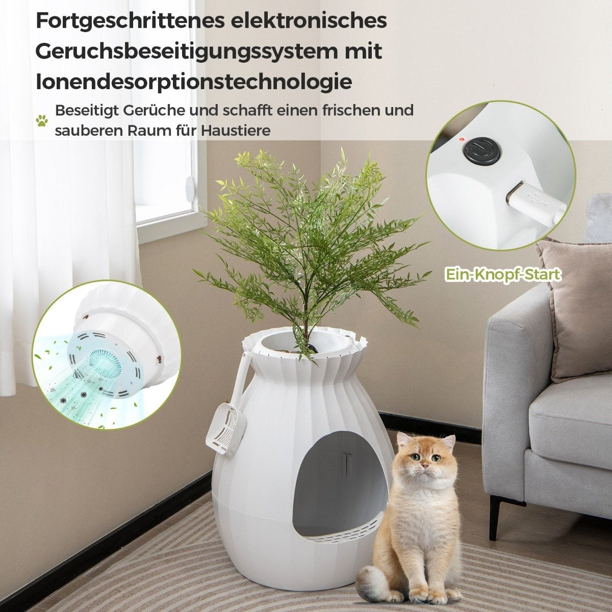 Smart Cat Litter Box with Electronic Odor Removal & Sterilization Flower Pot Style