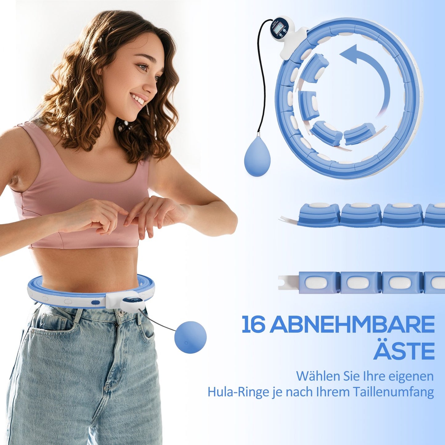 Smart Hula Hoop Adults with Weight Ball Counter 16 Knots (76-113cm) Light Blue