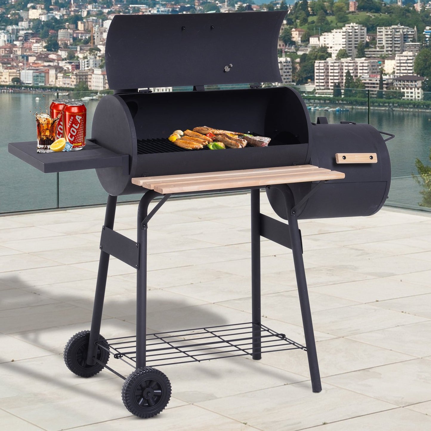 Charcoal grill with smoker and double chambers
