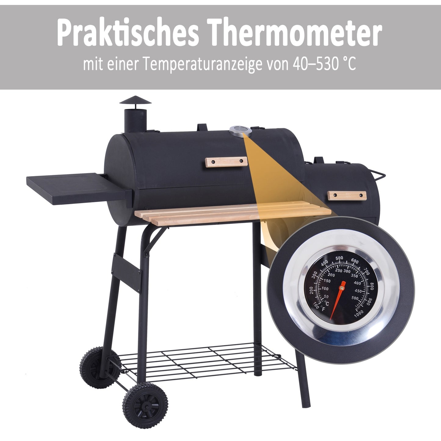 Charcoal grill with smoker and double chambers