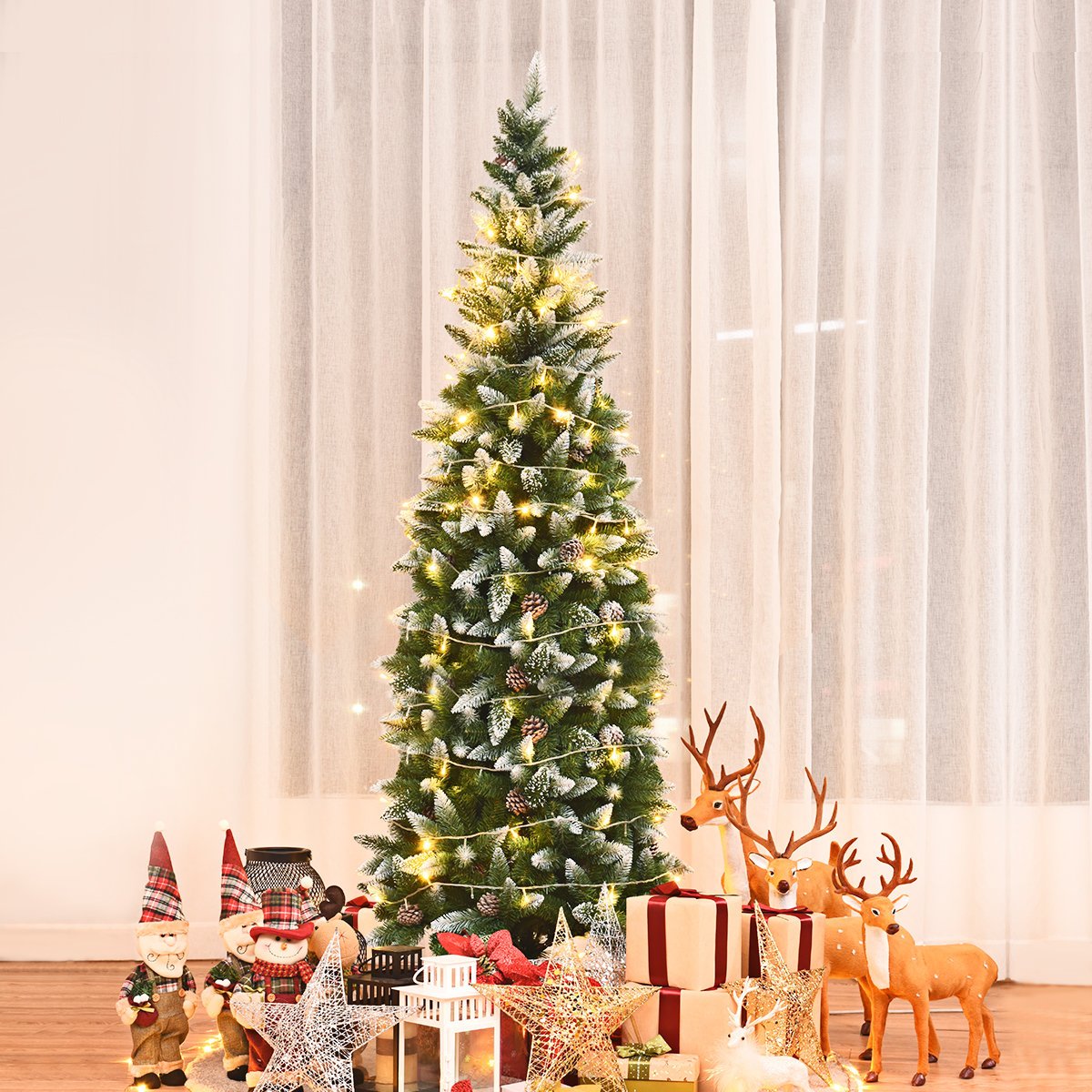 Snow-covered Christmas tree with metal stand and 630 tips PVC needles 220 cm