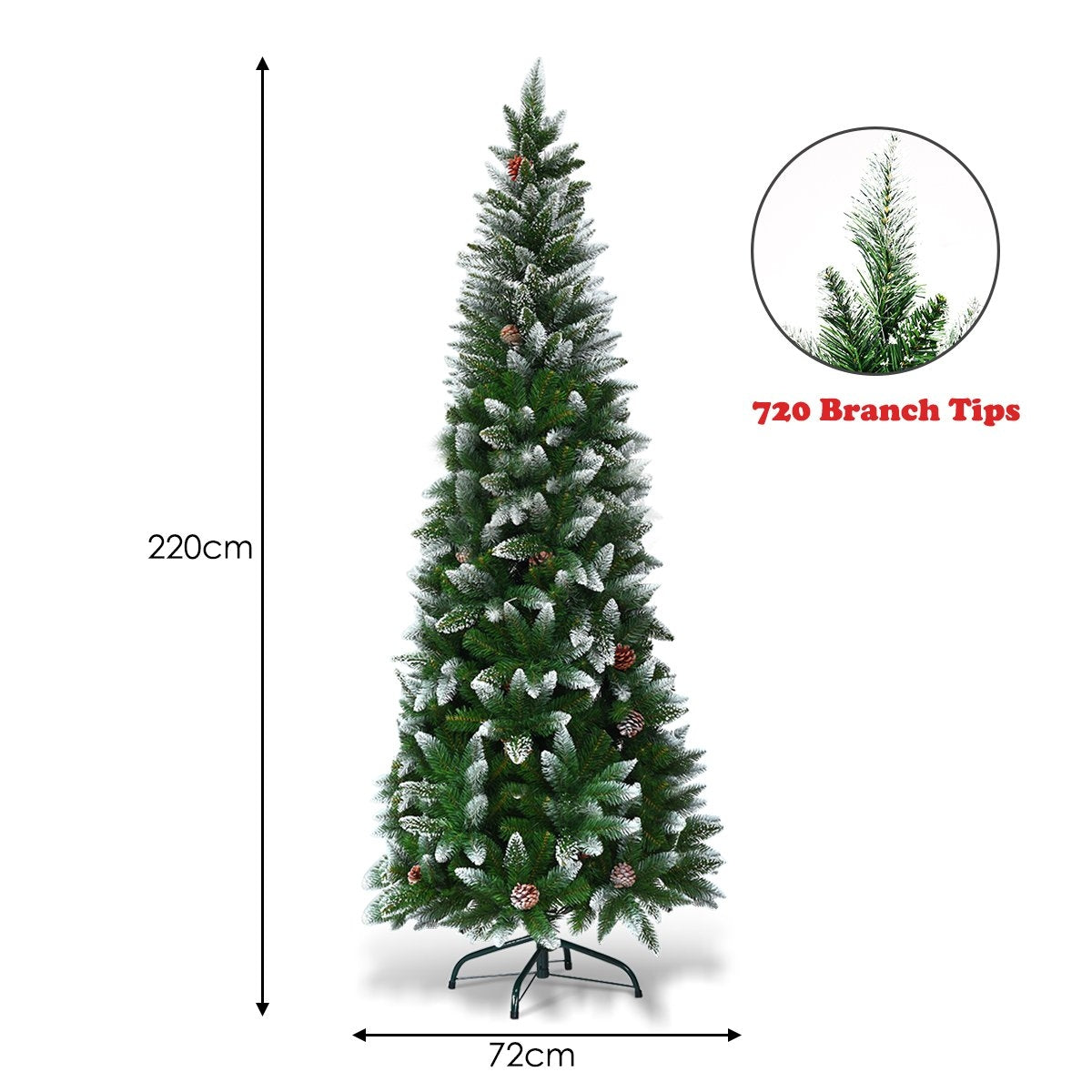Snow-covered Christmas tree with metal stand and 630 tips PVC needles 220 cm