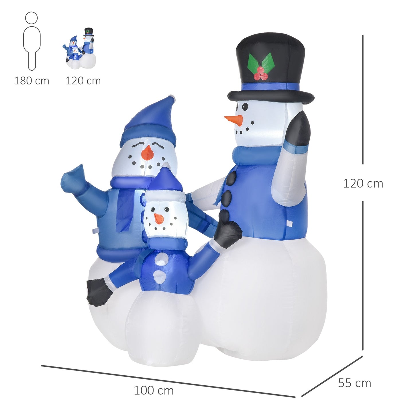 Self-Inflatable Blue LED Snowman Family Decoration, 100x55x120cm