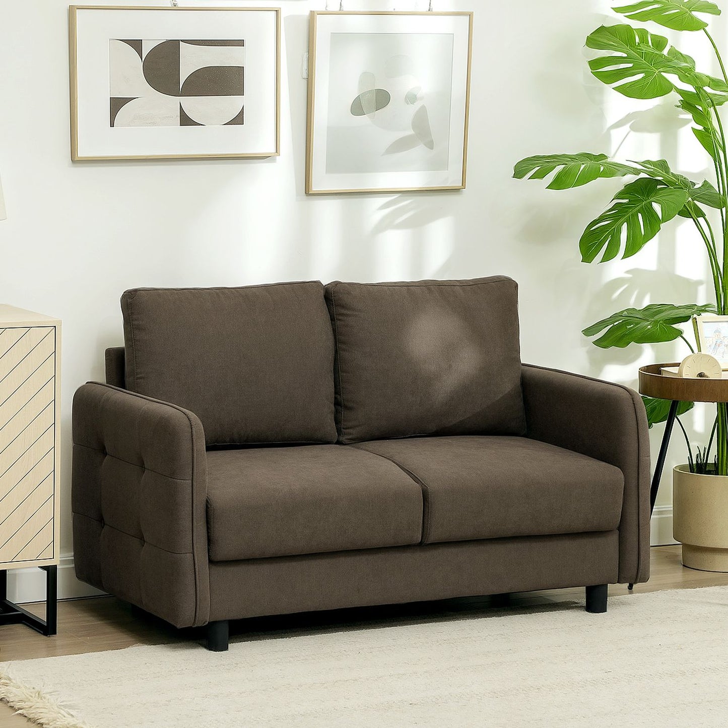 2-seater modern brown sofa with storage and velvet look