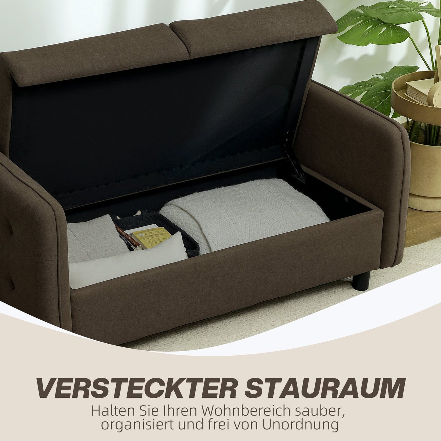 2-seater modern brown sofa with storage and velvet look