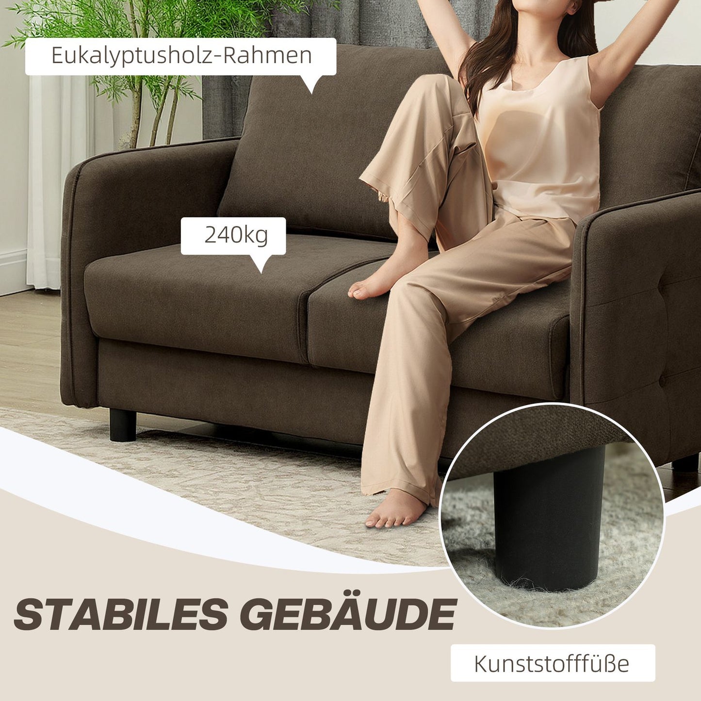 2-seater modern brown sofa with storage and velvet look