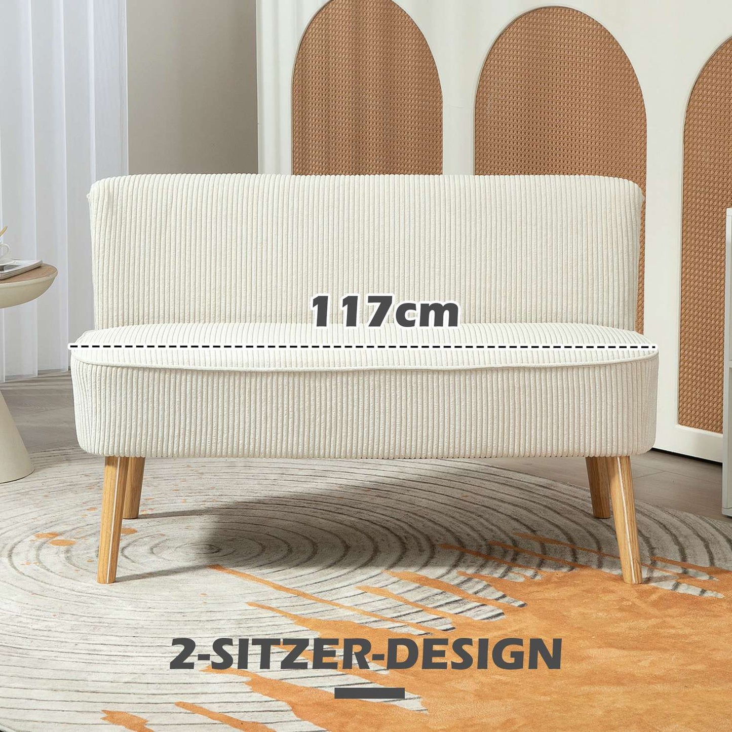 Two-seater sofa in modern corduroy look, cream white