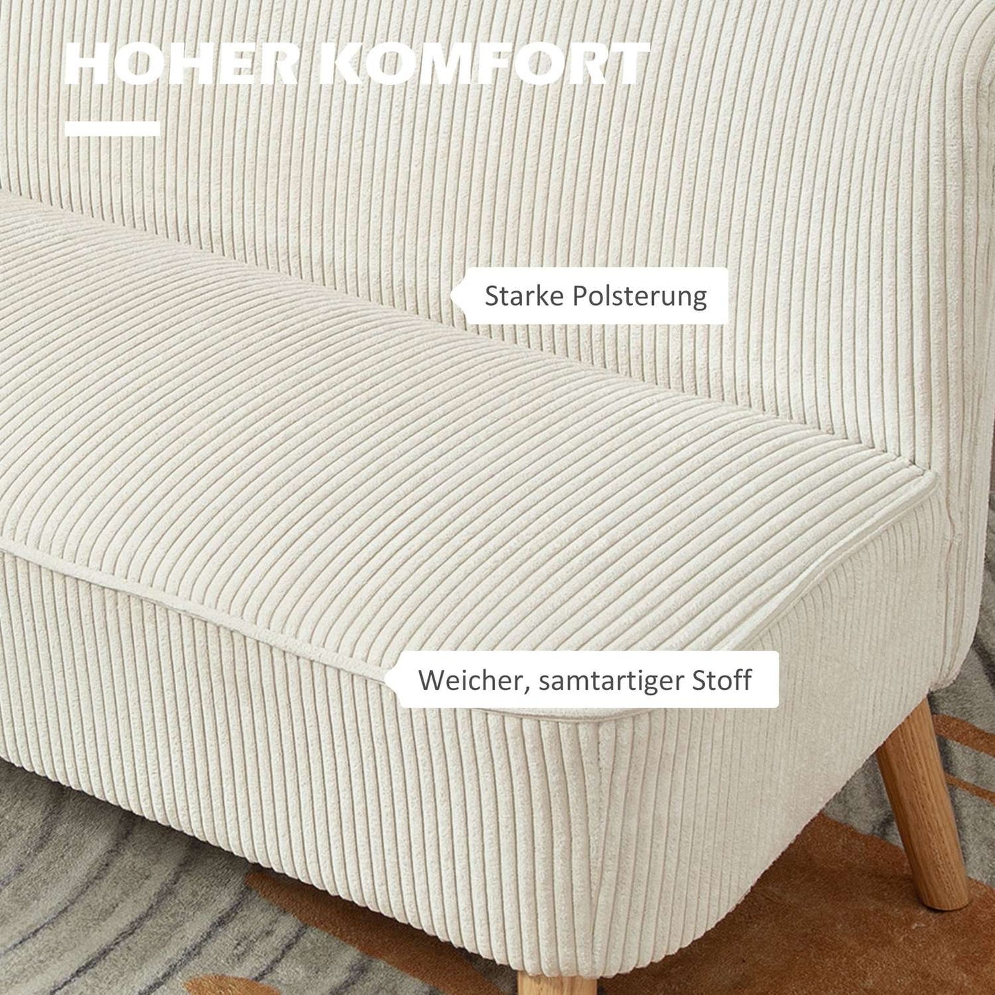 Two-seater sofa in modern corduroy look, cream white