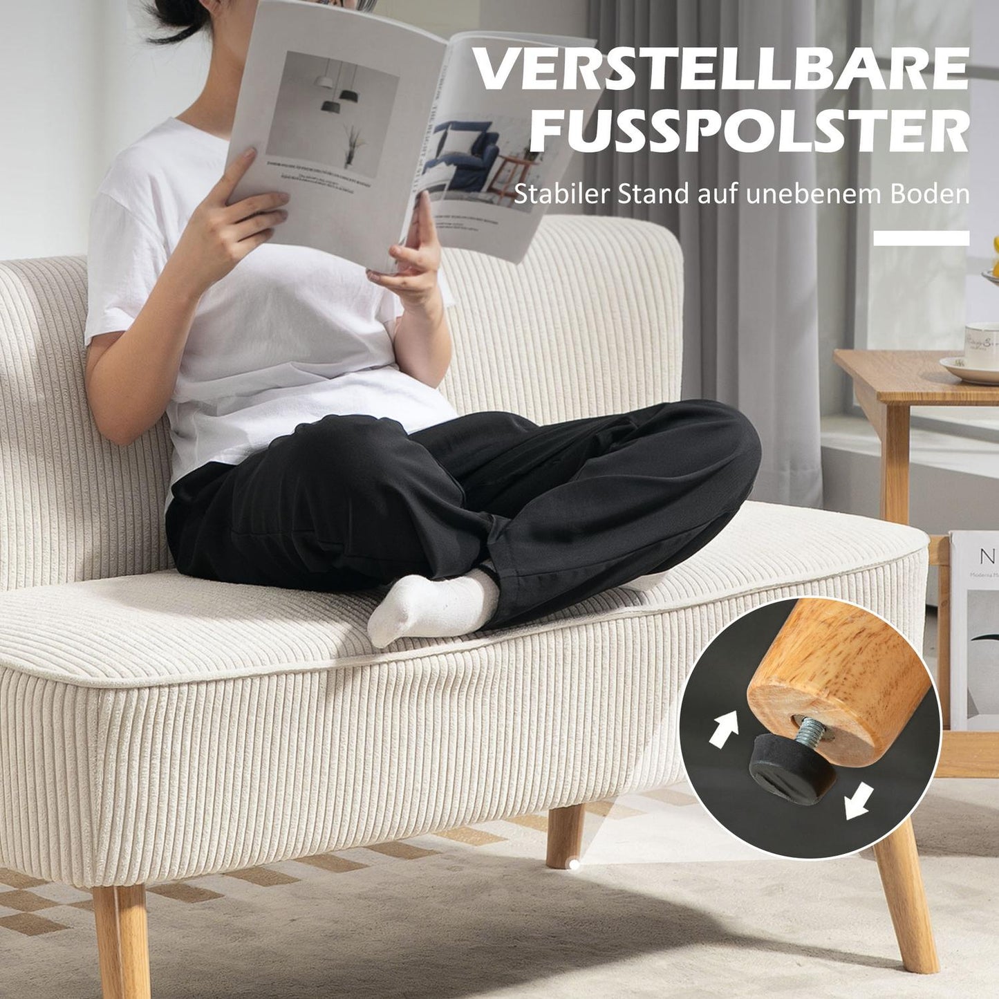 Two-seater sofa in modern corduroy look, cream white