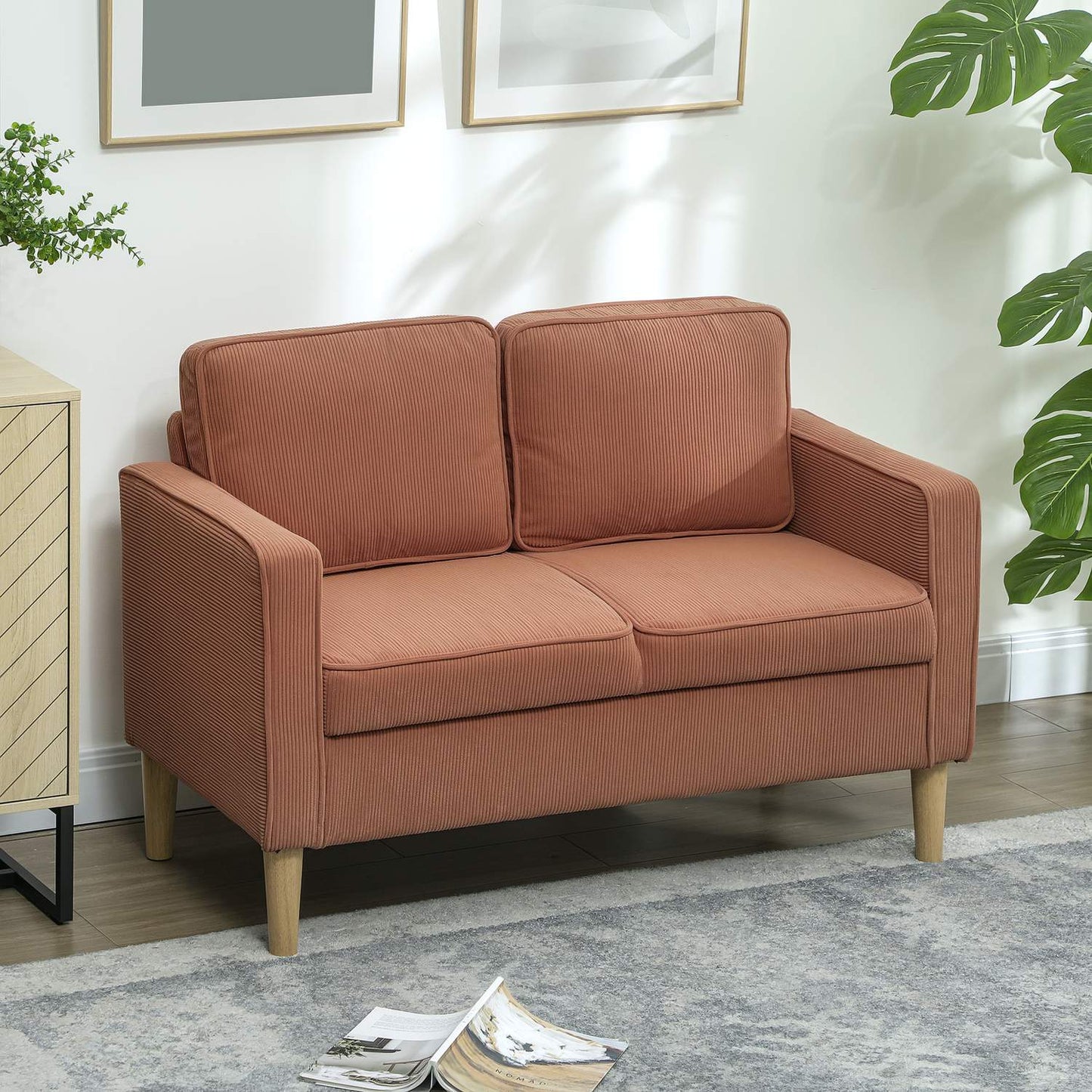 Pink 2-seater sofa with storage, modern upholstered design