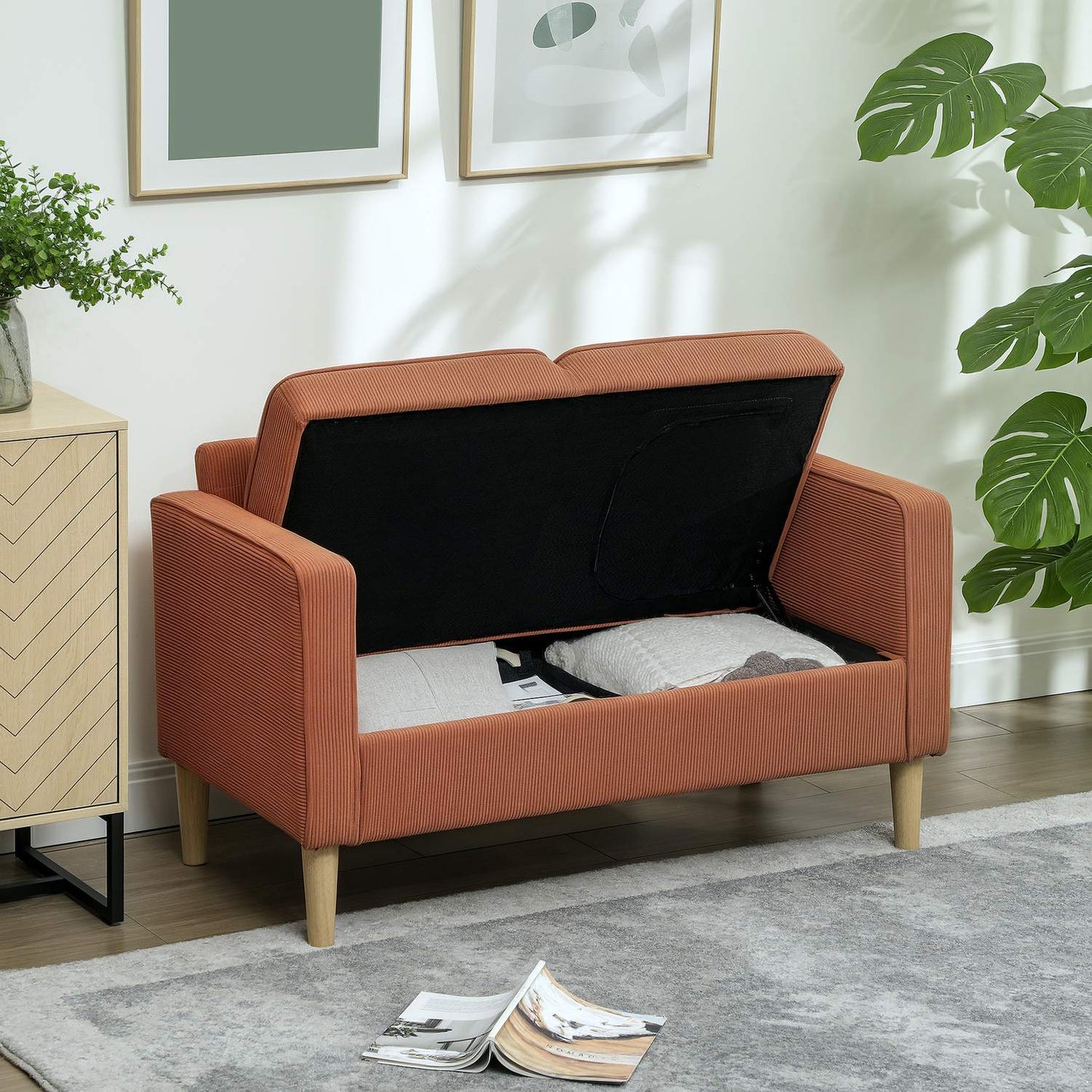 Pink 2-seater sofa with storage, modern upholstered design