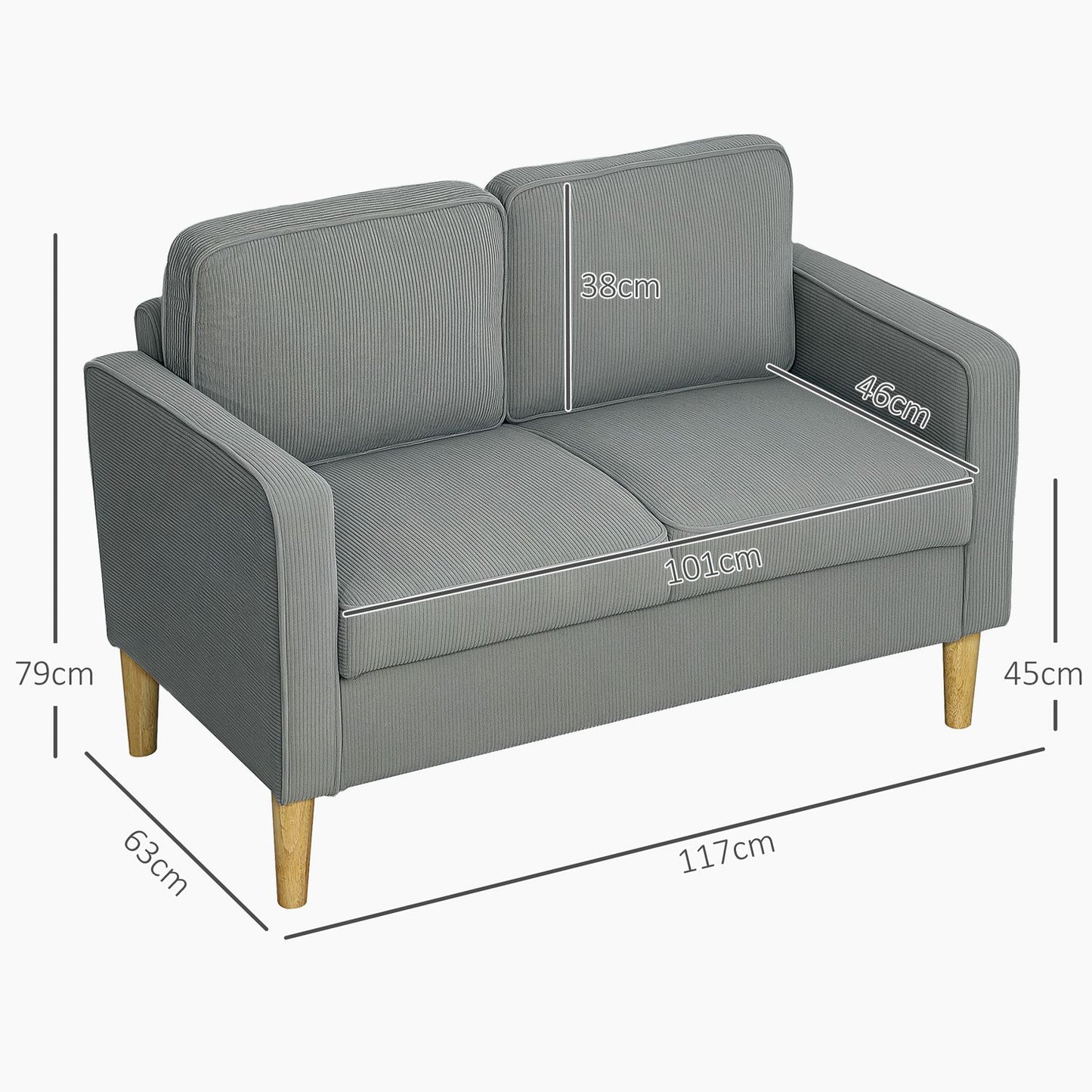 Small 2-seater sofa with storage, corduroy look, light grey