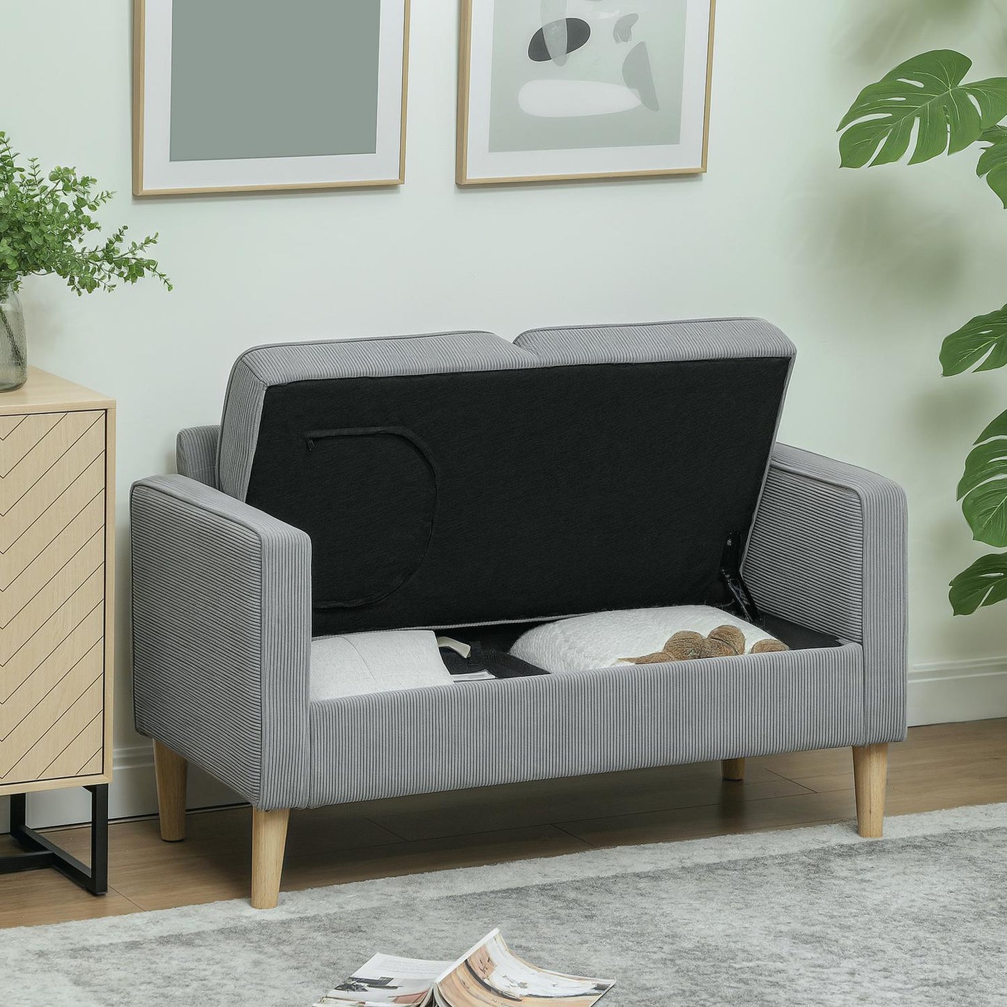 Small 2-seater sofa with storage, corduroy look, light grey