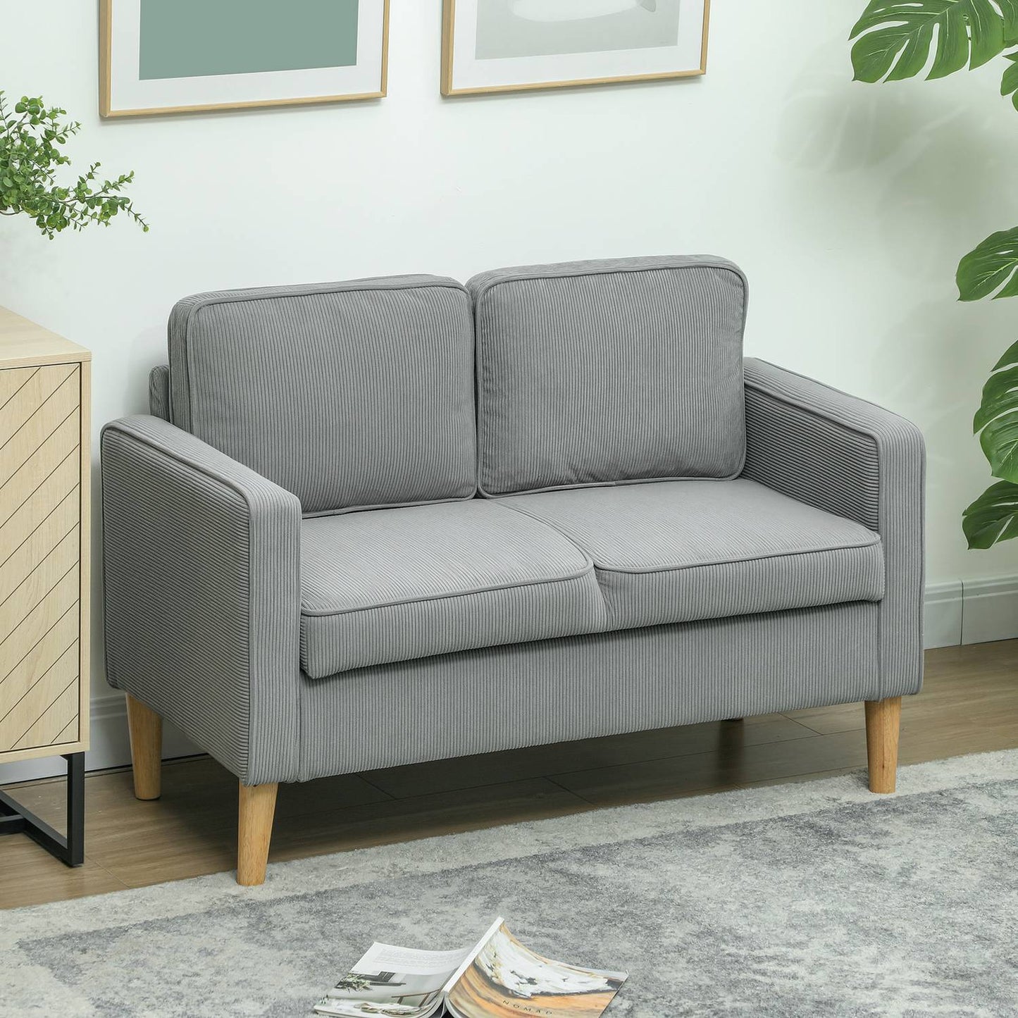 Small 2-seater sofa with storage, corduroy look, light grey