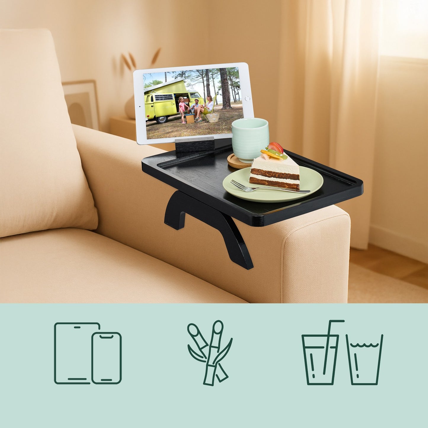 Sofa Armrest Tray – Black Bamboo with Device Holder