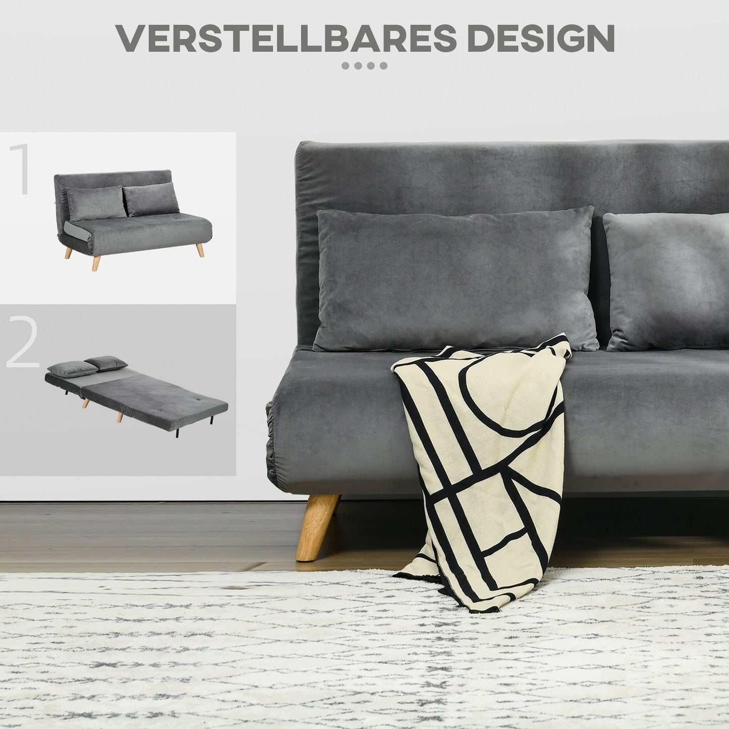 Gray velvet 2-seater sofa bed with adjustable backrest