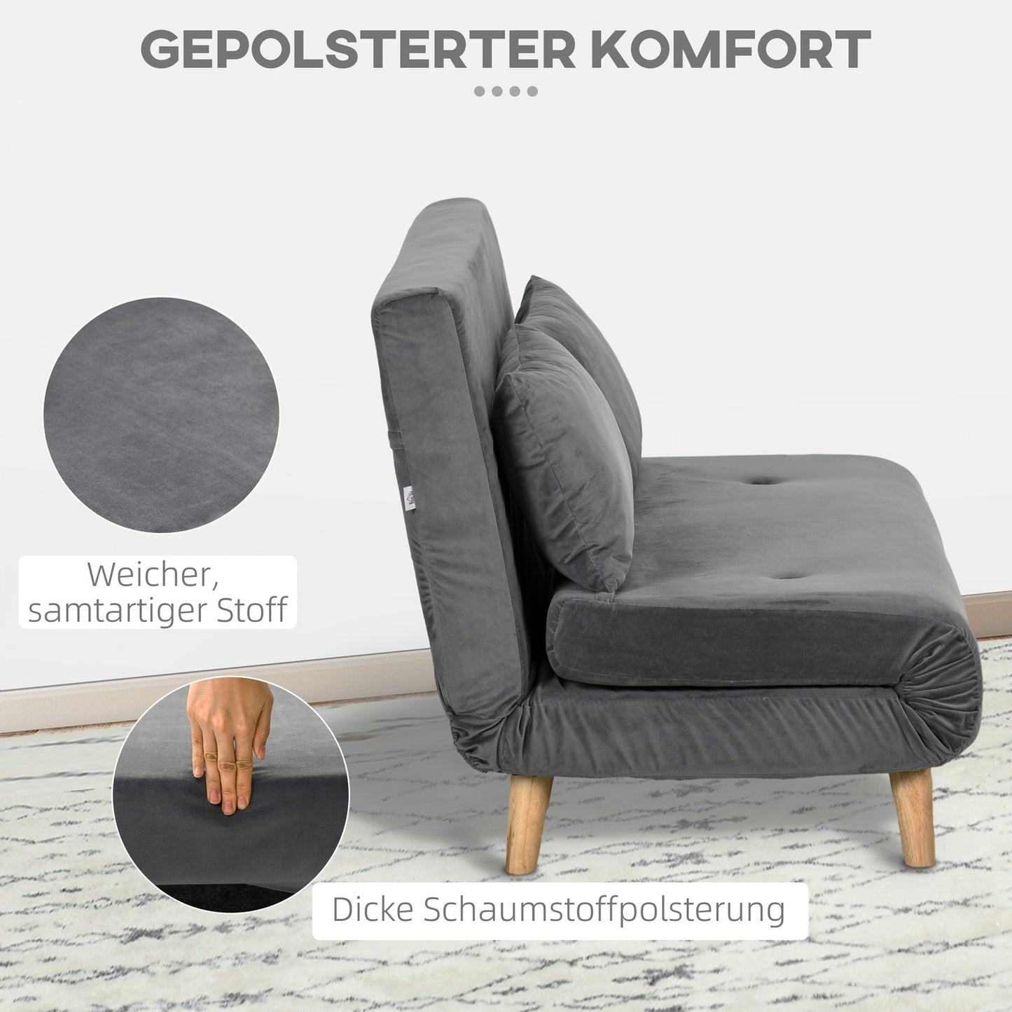 Gray velvet 2-seater sofa bed with adjustable backrest