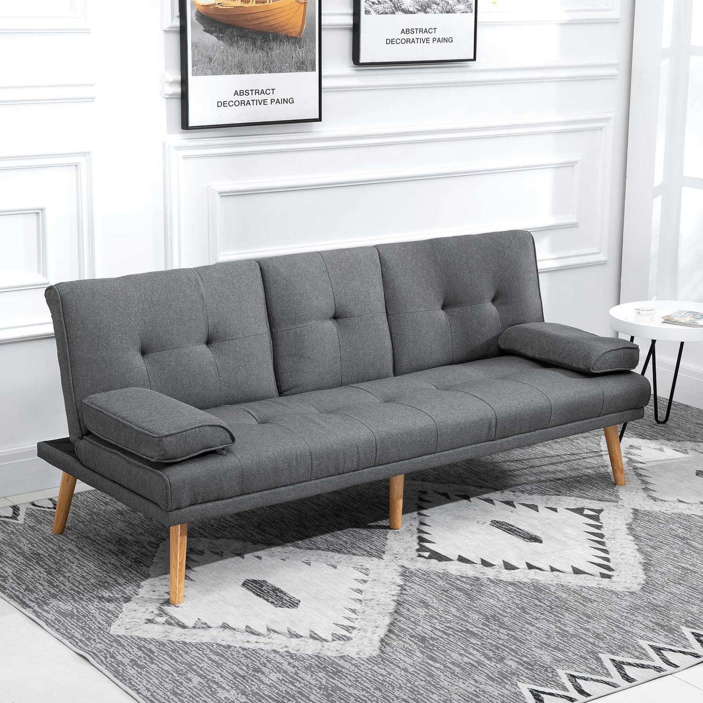 Dark gray 3-seater sofa bed with folding table & cup holder
