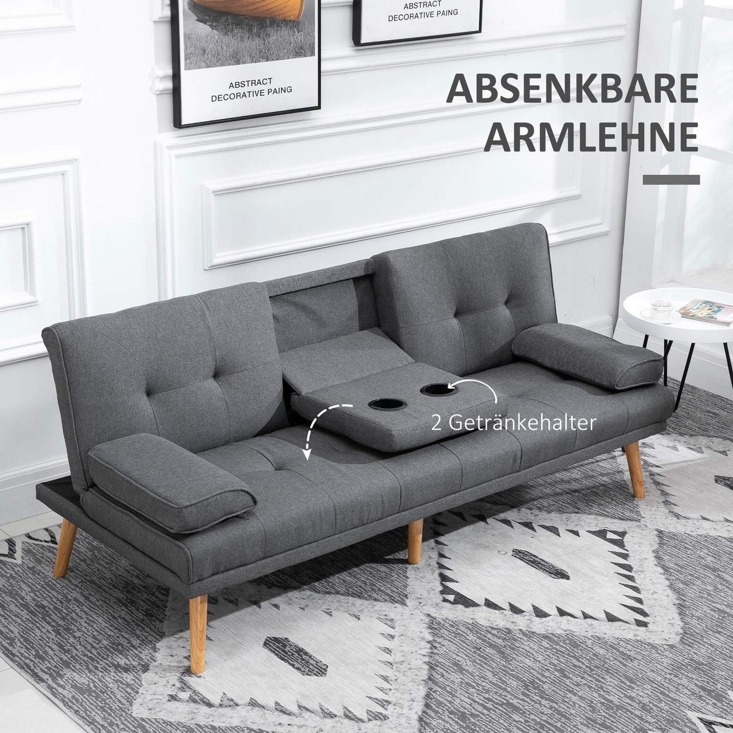 Dark gray 3-seater sofa bed with folding table & cup holder
