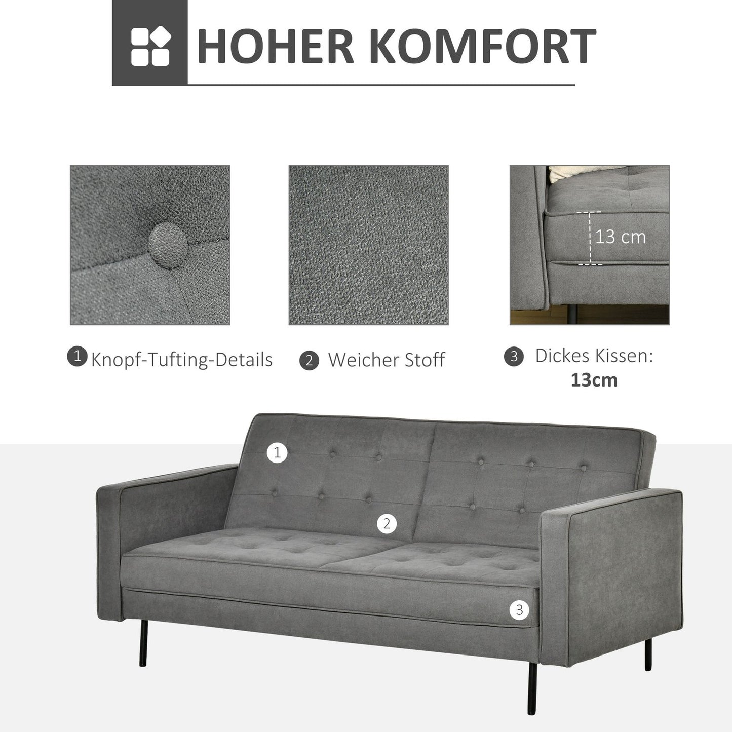 Convertible 3-seat sofa bed, adjustable, vintage grey