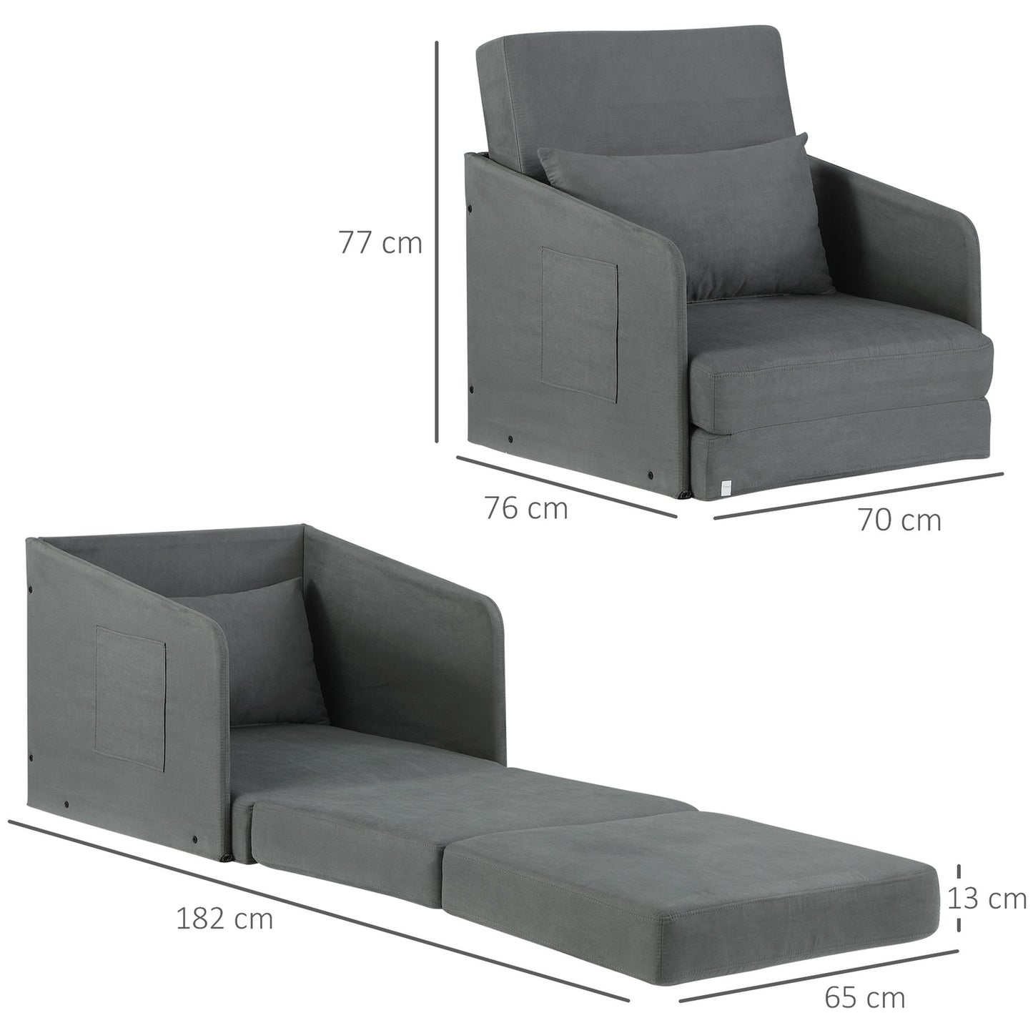 Simple gray sofa bed with washable cover and side pockets