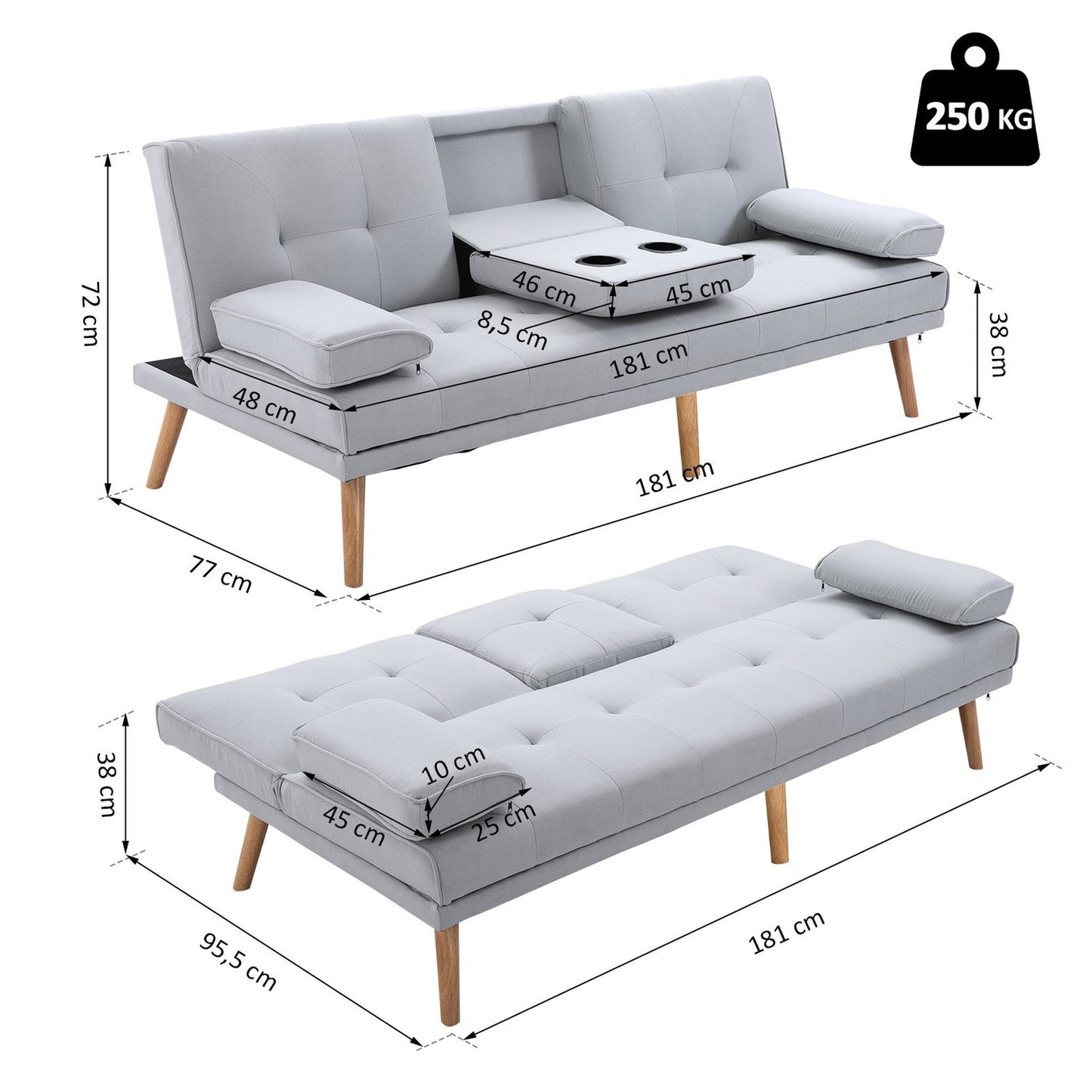 Light gray sofa bed in linen, 3-seater, 181x77x72 cm