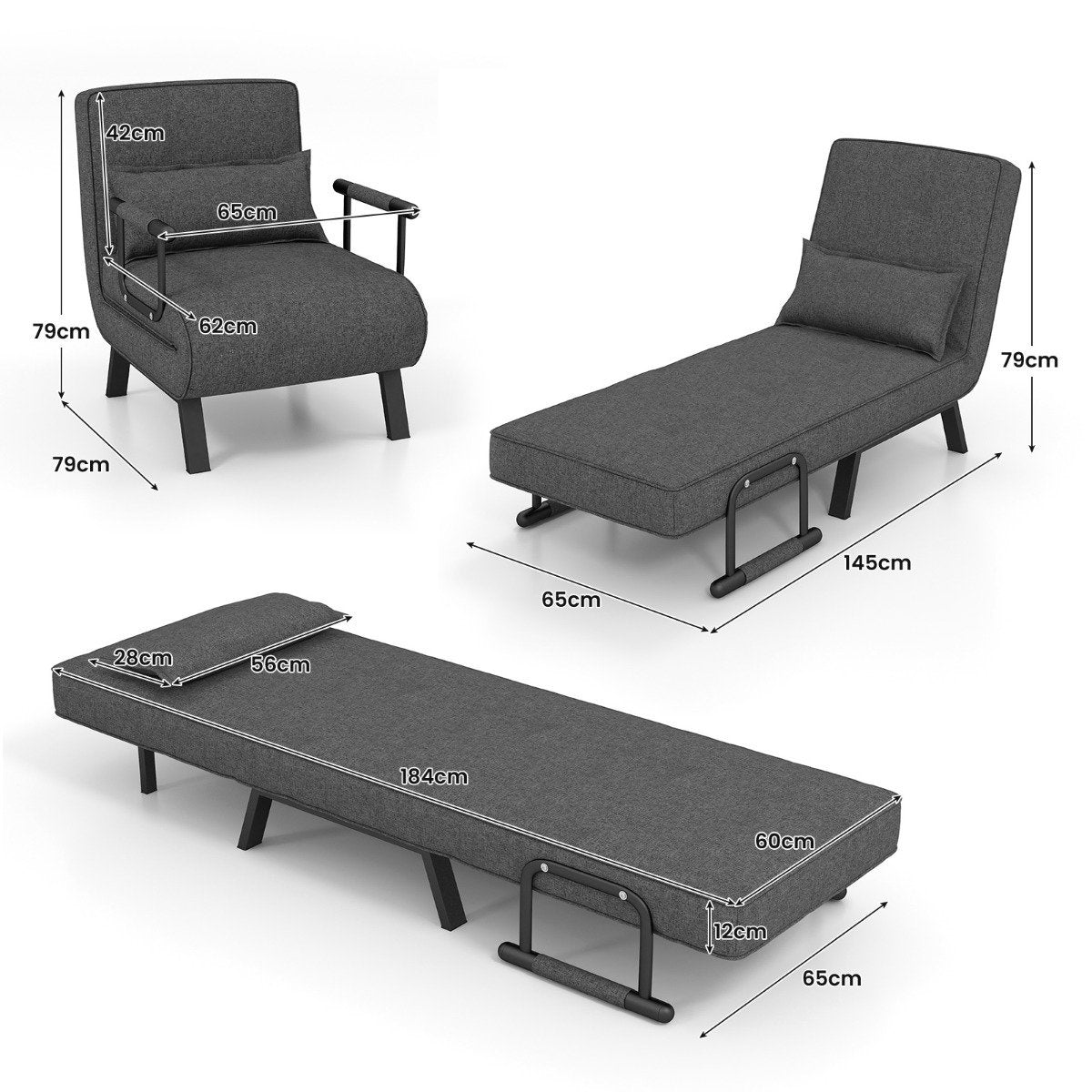 Sofa Bed Folding Adjustable Sofa Bed Sofa Bed with Backrest Dark Gray
