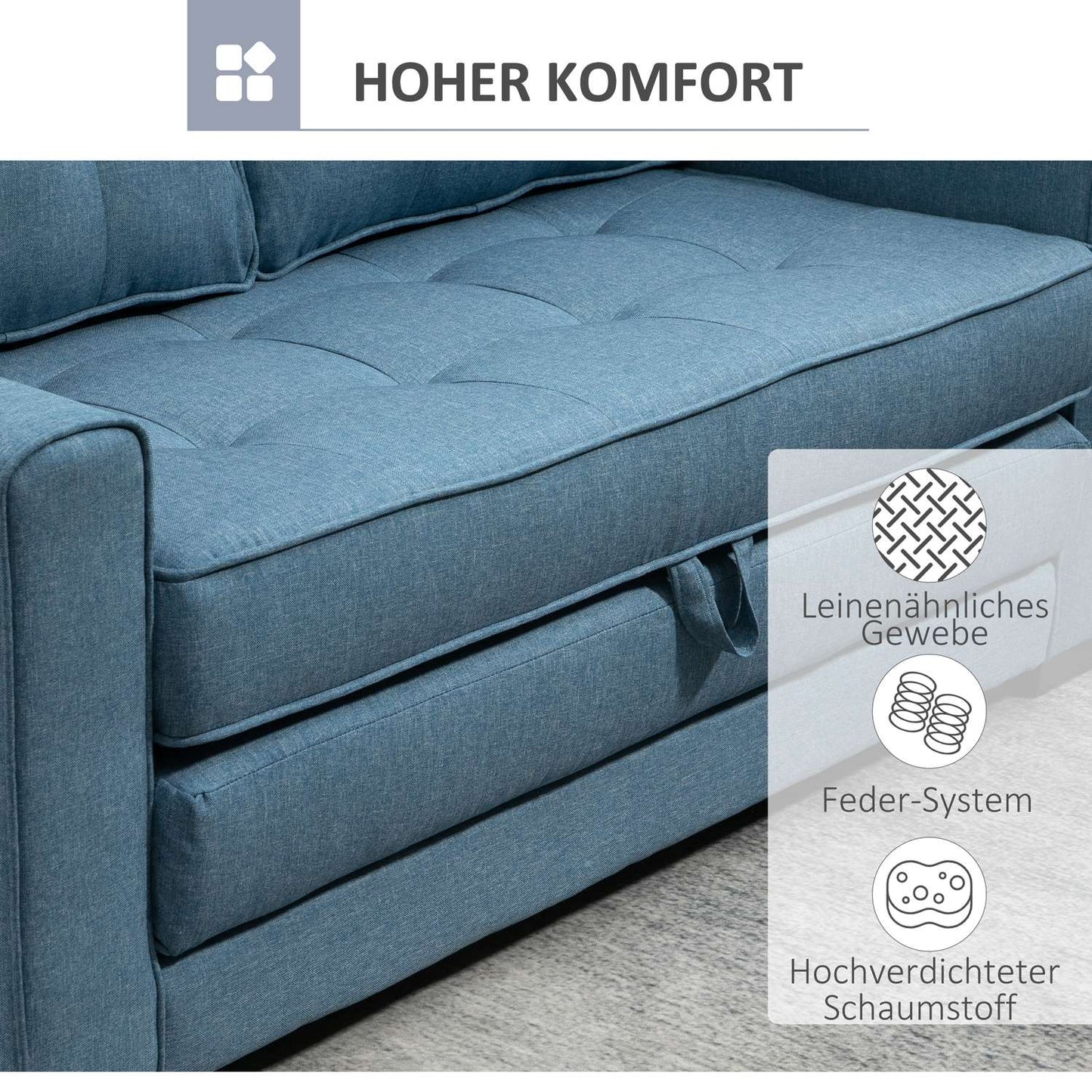 Sofa bed in blue fabric with sleeping function, 2-seater