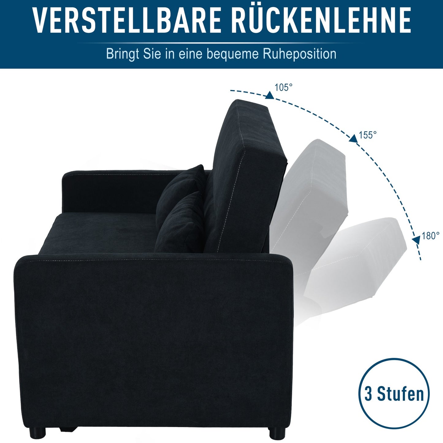 Black 2-seater folding sofa bed in fabric with sleep function