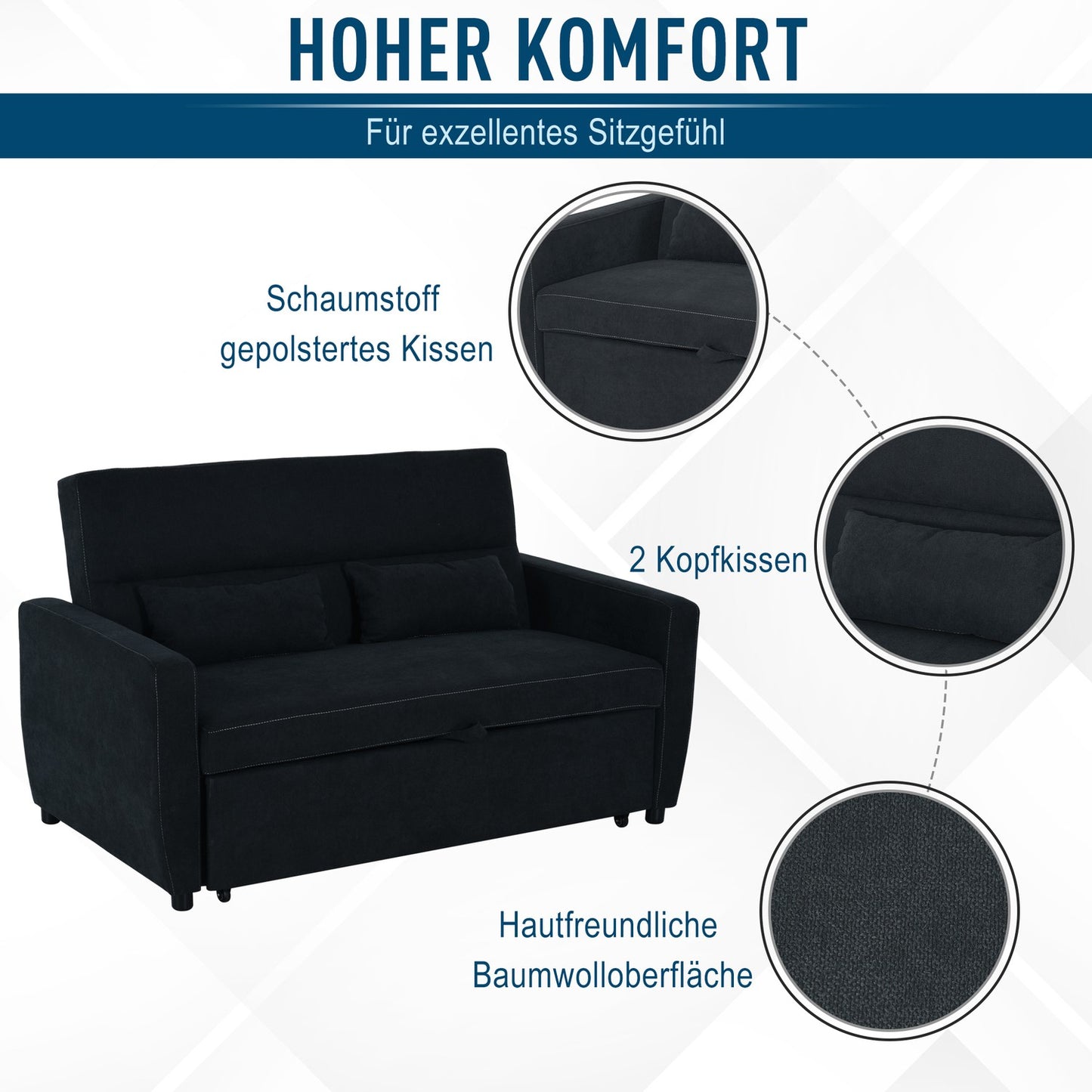 Black 2-seater folding sofa bed in fabric with sleep function