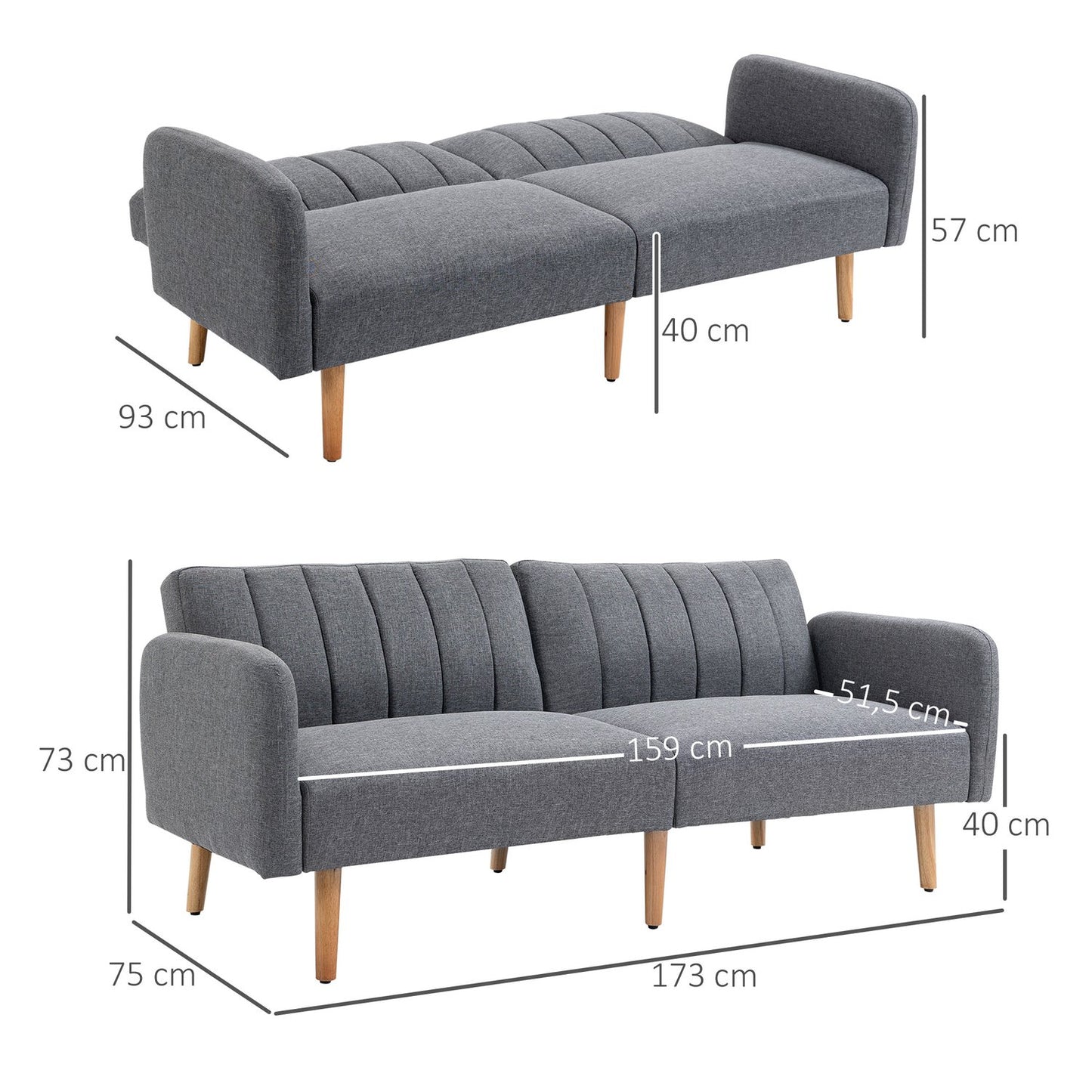 Folding sofa bed, 2-seater, gray linen-like fabric