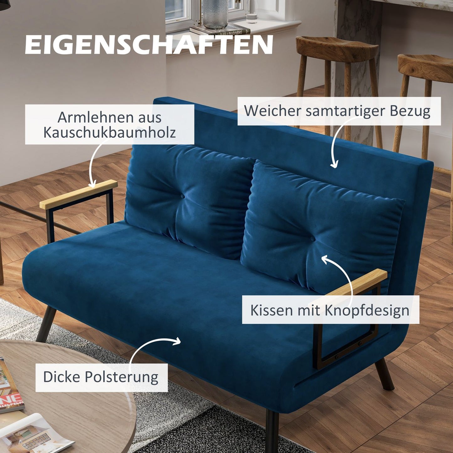 Blue Velvet sofa bed, adjustable backrest, folding design